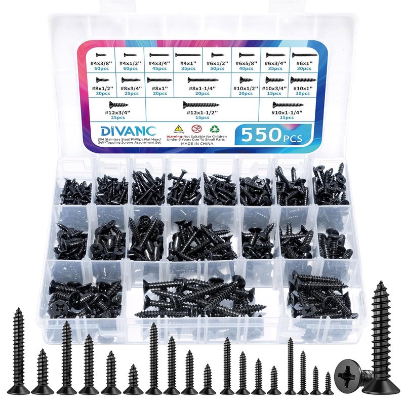 DIVANC 550Pcs 304 Stainless Steel Wood Screws Assortment Kit, Phillips Flat Head Sheet Metal Screws Self Tapping Screws Set, #4#6#8#10#12 Wood Assorted Screw (Black-Flat Head 550PCS) - Image 1